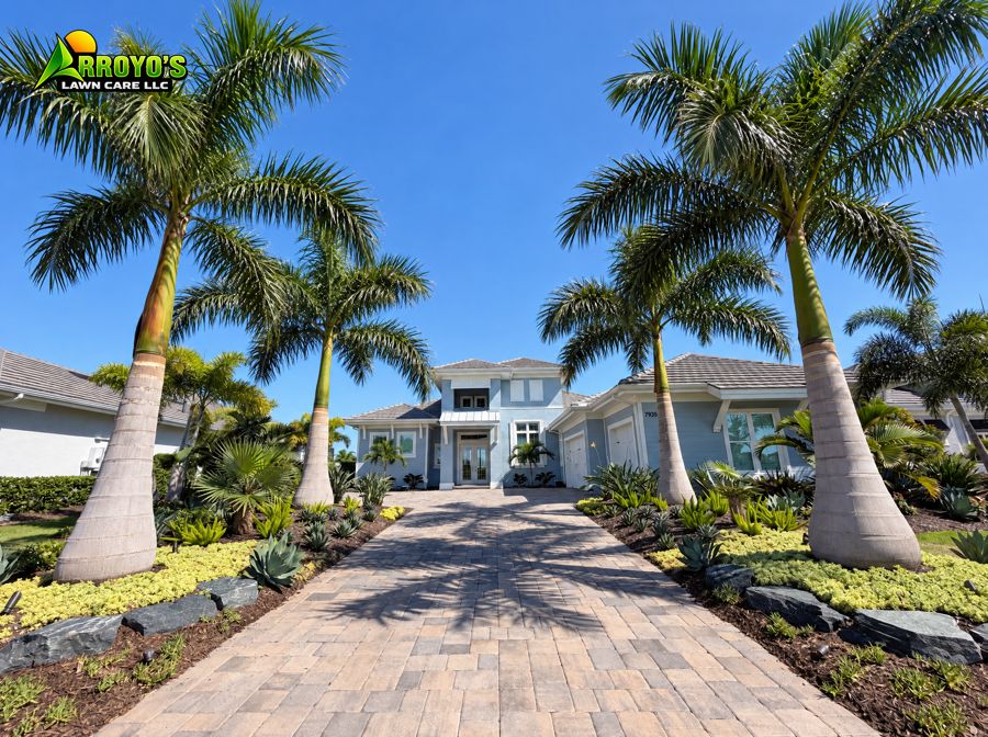 Palm-lined paver driveway