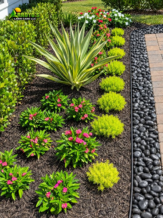 Planting bed with black river rock